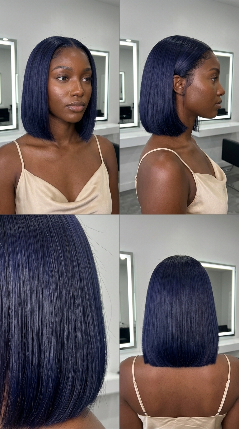 short midnight blue bob with violet undertones and Scandi hairline for summer 2026