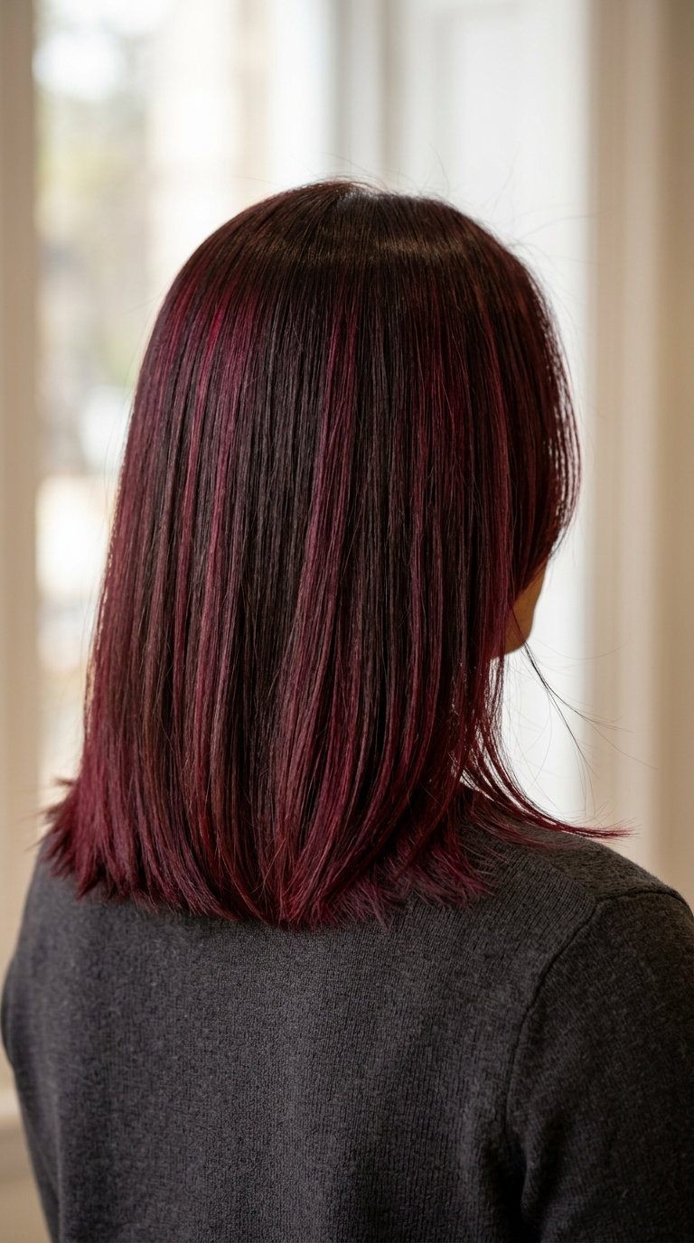 long midnight cherry hair color with red-violet flash, single-process — bold evening event