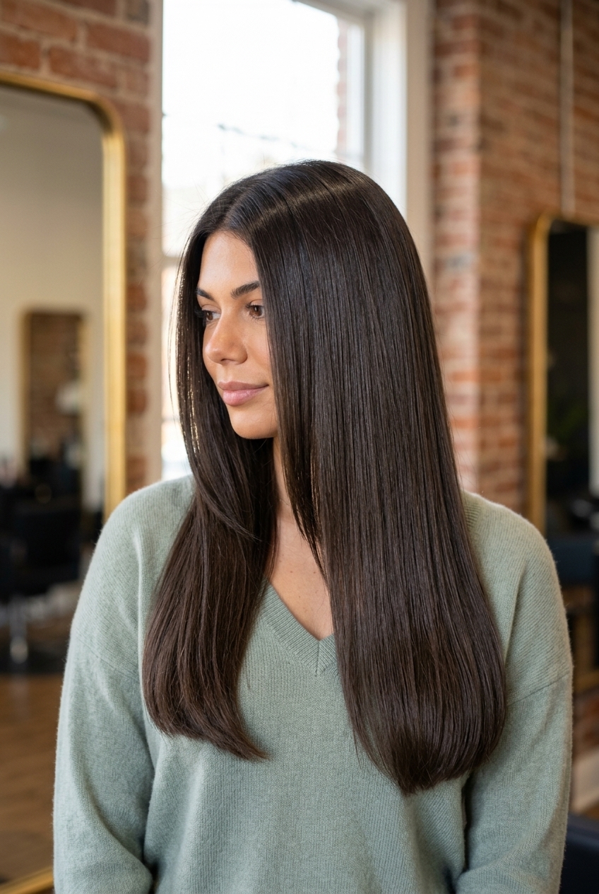 long blunt haircut in midnight espresso with subtle ash undertones for summer