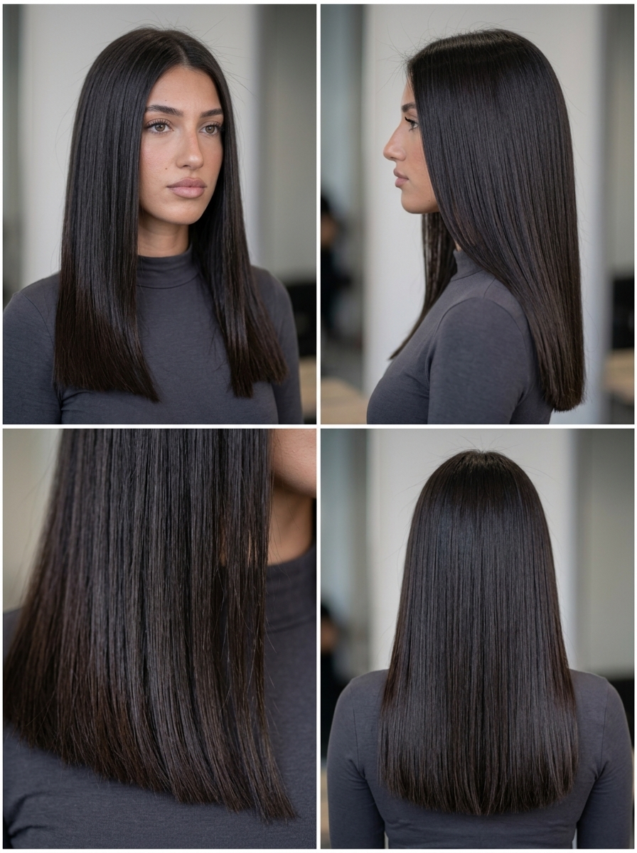 long blunt haircut in midnight espresso with cool ash undertones for summer