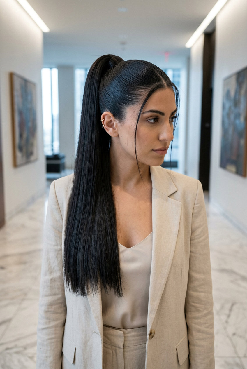 long blunt midnight espresso ponytail with cool reflects and high-gloss finish for summer