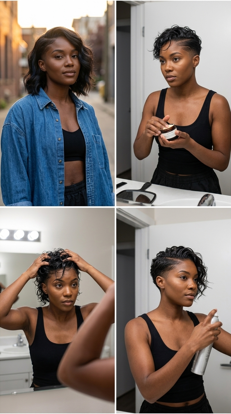 medium wavy midnight espresso haircut with blue-black lowlights and low fade for summer