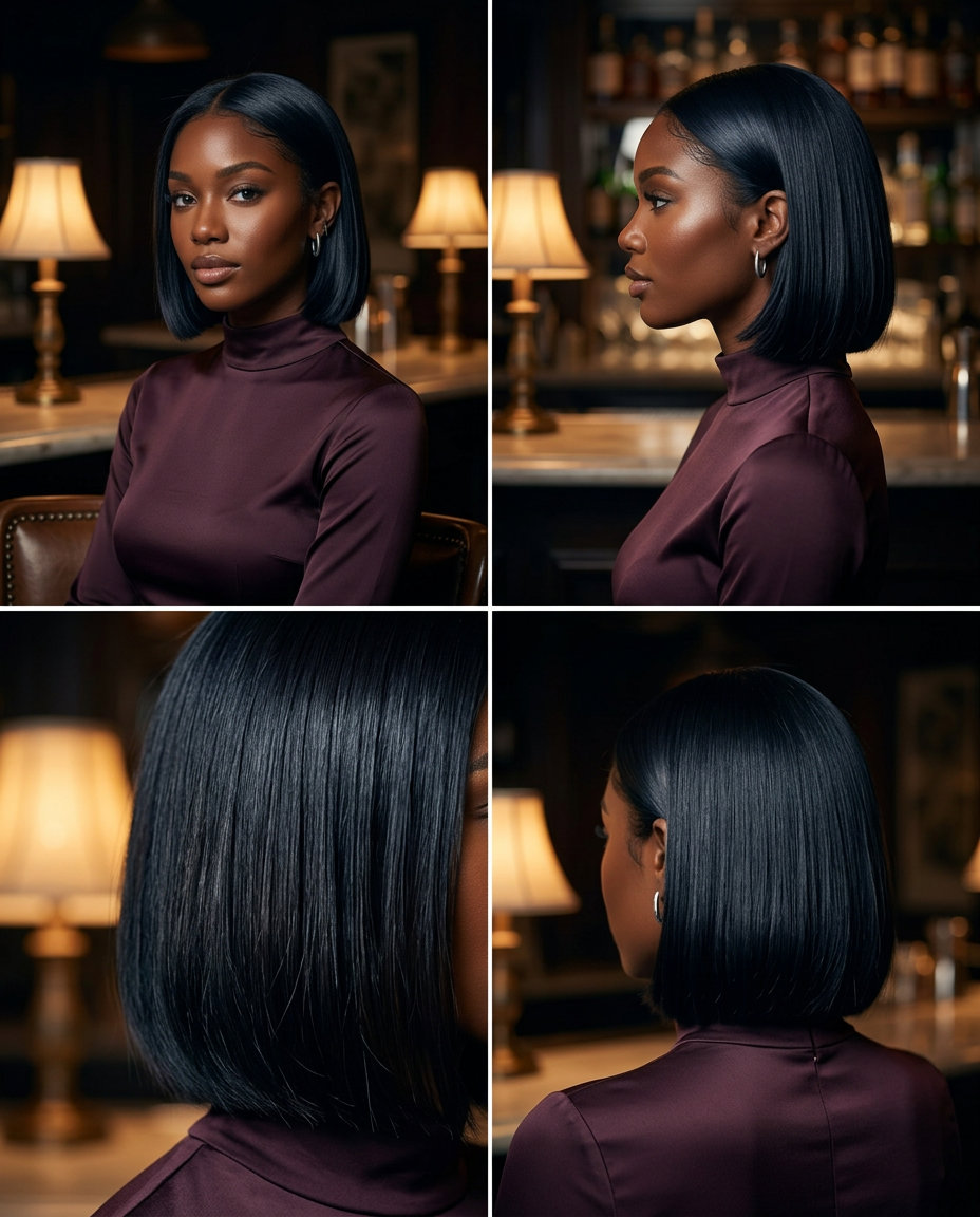 short midnight espresso bob with blue-black undertones and high-gloss finish for summer
