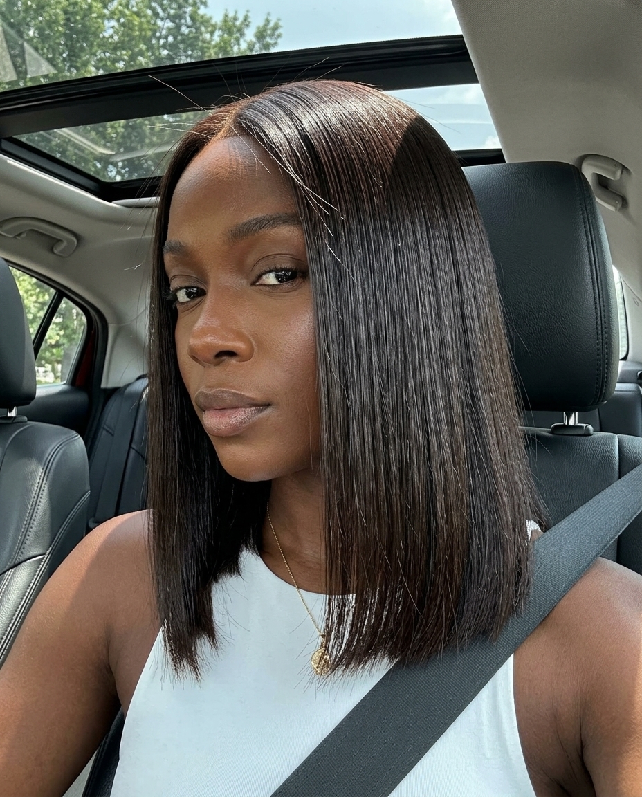 Sleek Hydro-Lob: Chic Summer Haircut 2026 shoulder-length blunt lob haircut in midnight espresso with high gloss, razor-sharp perimeter — high-fashion summer look