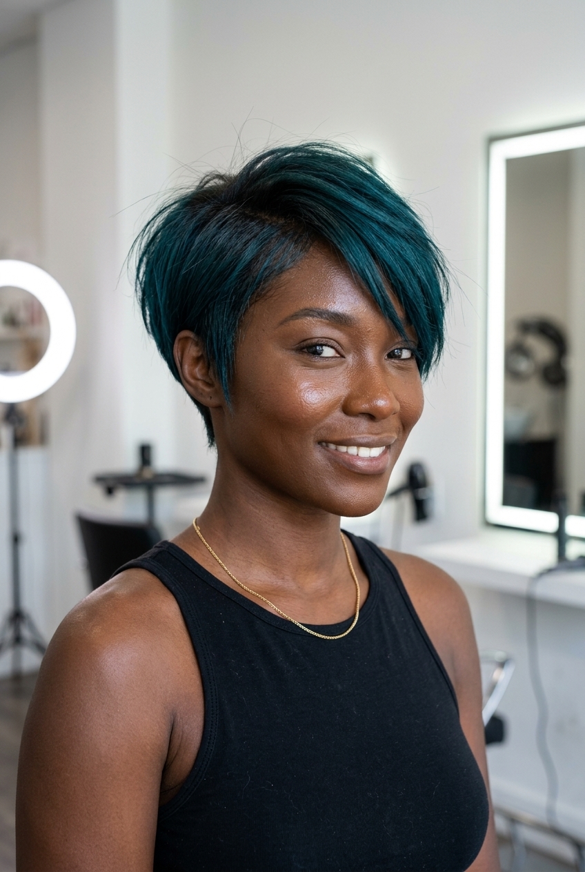 short pixie cut in midnight teal with blue-green undertones, razored sides for summer