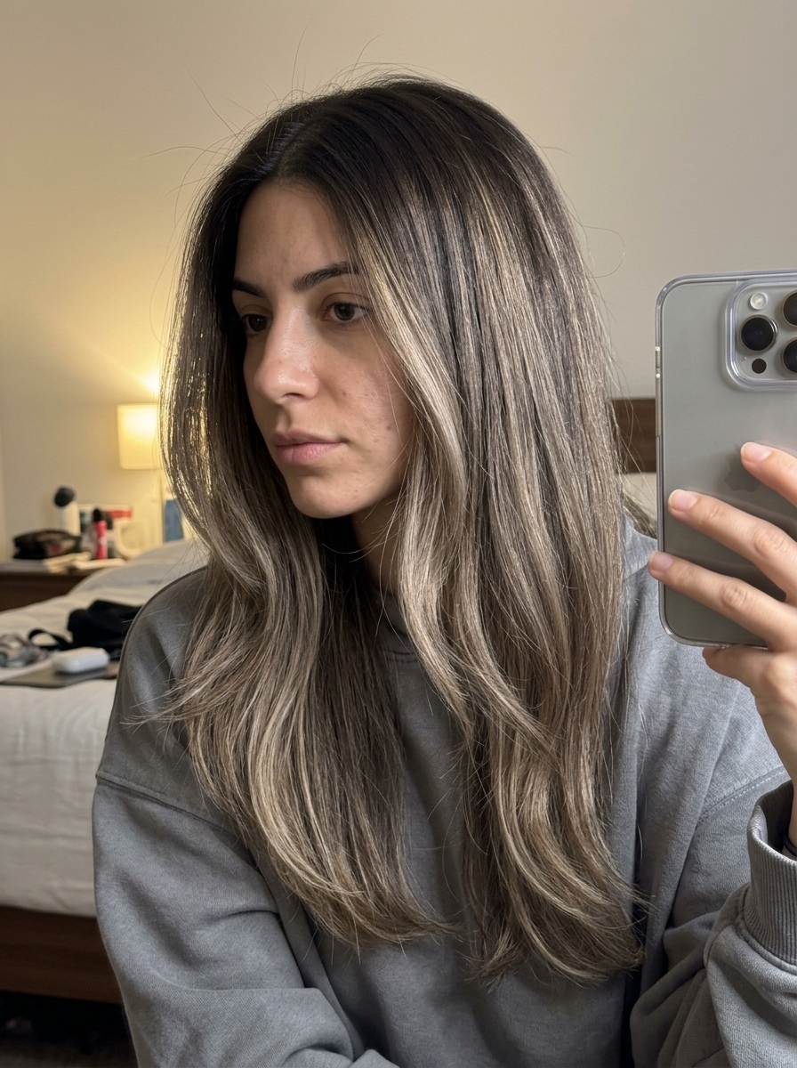long mocha blonde hair color with cool beige highlights, root smudge, sophisticated modern understated