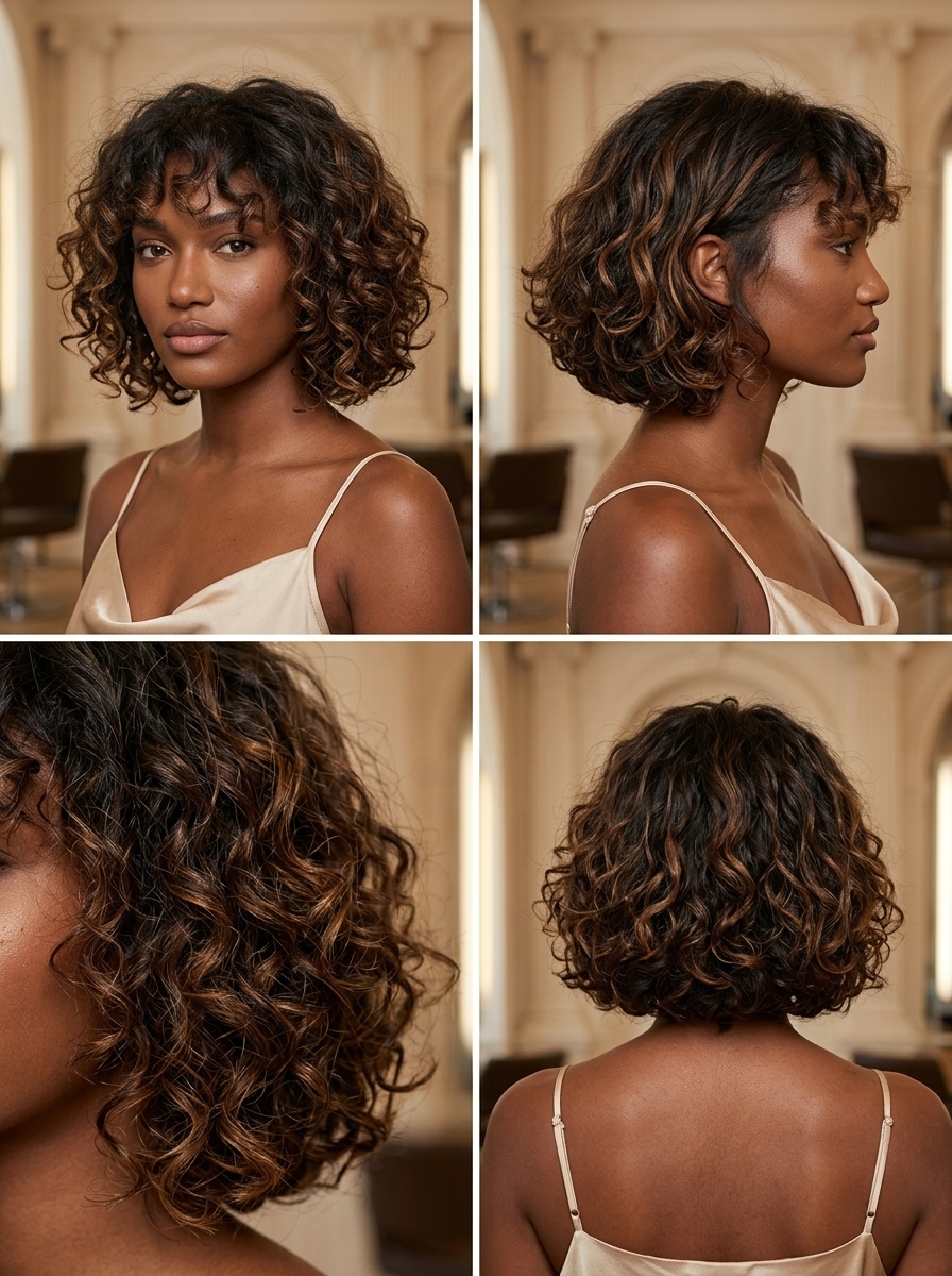 short french bob haircut for curls in deep mocha with caramel balayage and curly fringe