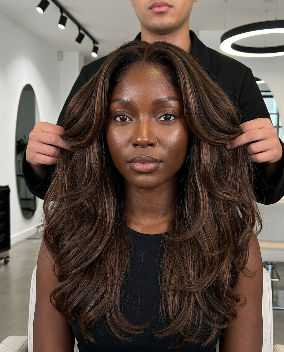 long layered deep mocha lowlights on chocolate brown base for elegant waves