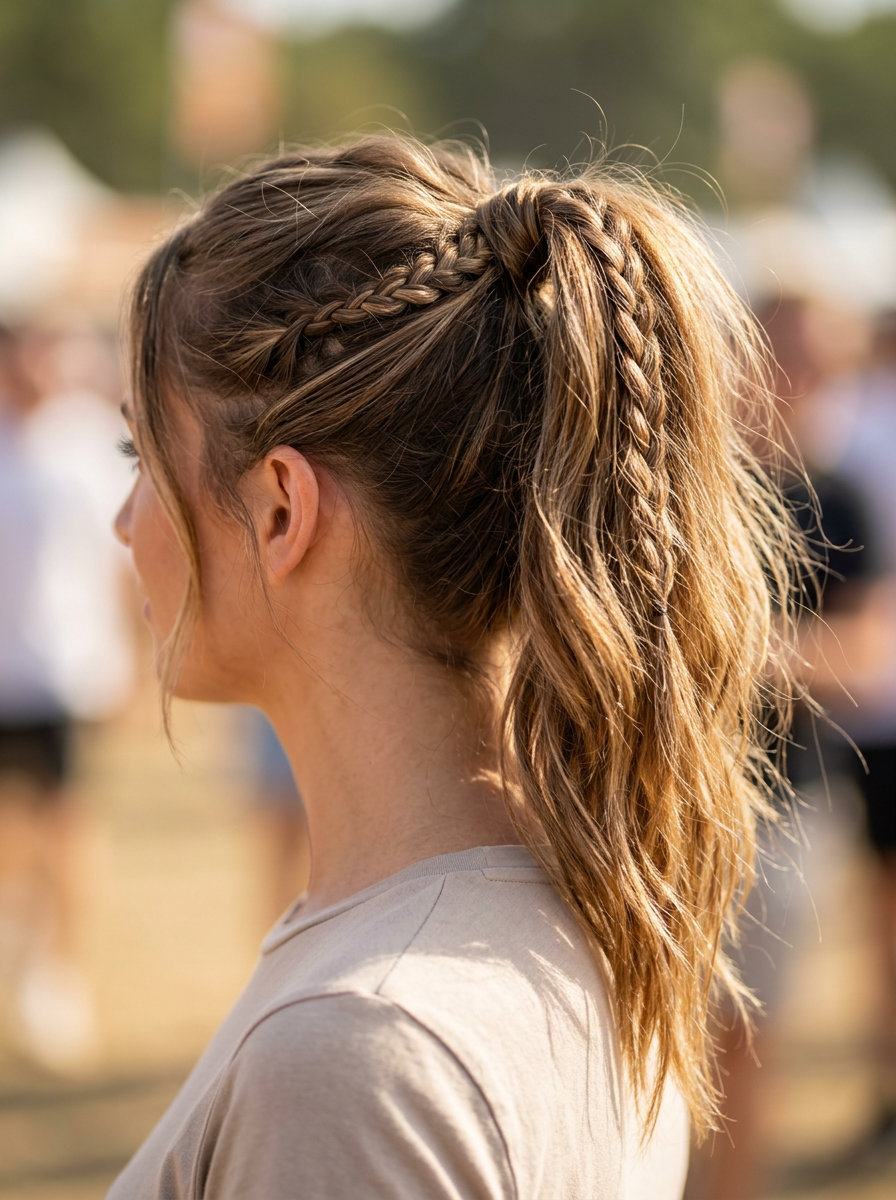 long multi-tonal brown ponytail with braided accent and high placement for casual days