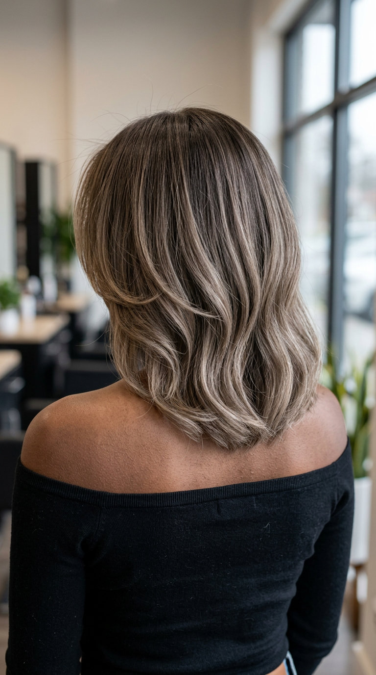 medium length curve cut haircut with cool mushroom bronde balayage, face-framing layers for daily wear