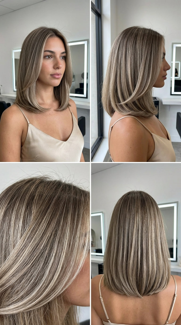 medium retro luxe lob haircut with mushroom bronde, inward curve, no bangs — sophisticated date night