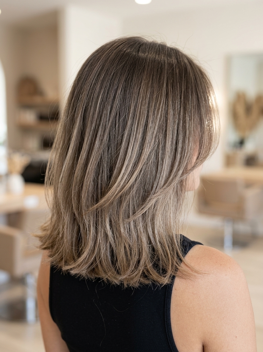 medium mushroom bronde lob with ash brown and cool taupe lowlights for natural softness