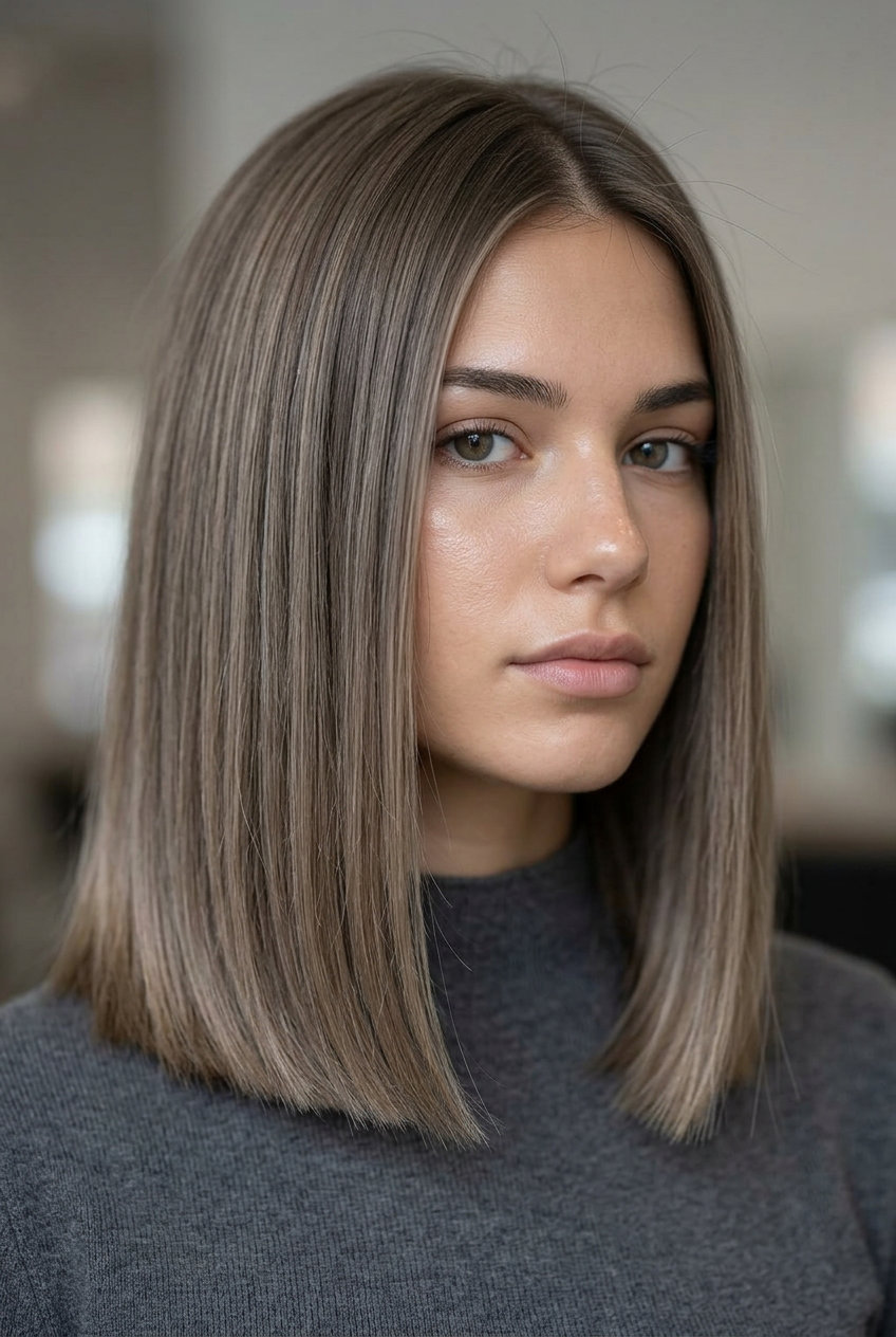 medium sleek lob haircut with mushroom bronde, blunt cut, deep side part — quiet luxury daily