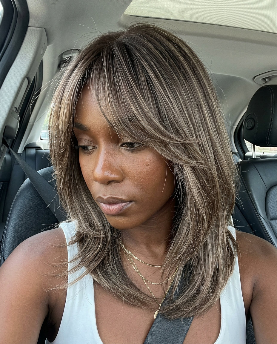 medium choppy shag haircut with mushroom bronde balayage and curtain bangs for daily wear