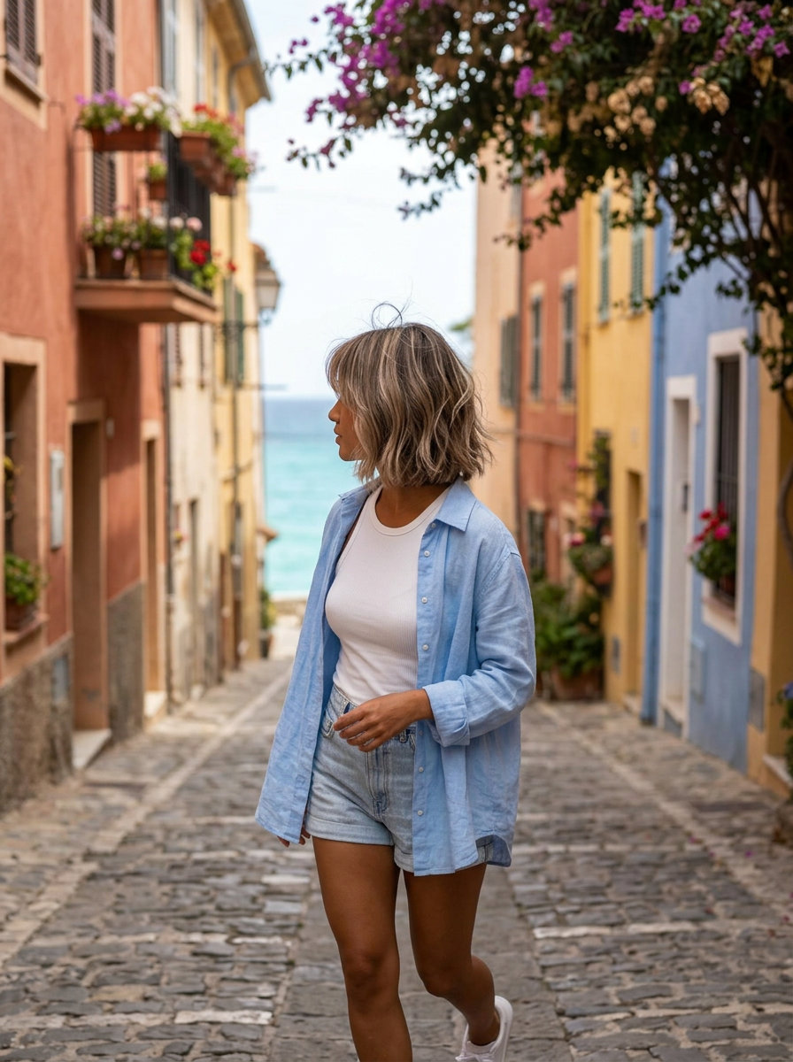 short mushroom bronde bob with textured layers and piecey bangs for summer