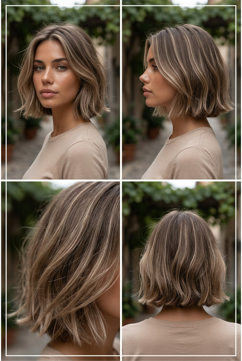 short mushroom bronde bob with undone texture and ash beige highlights for summer