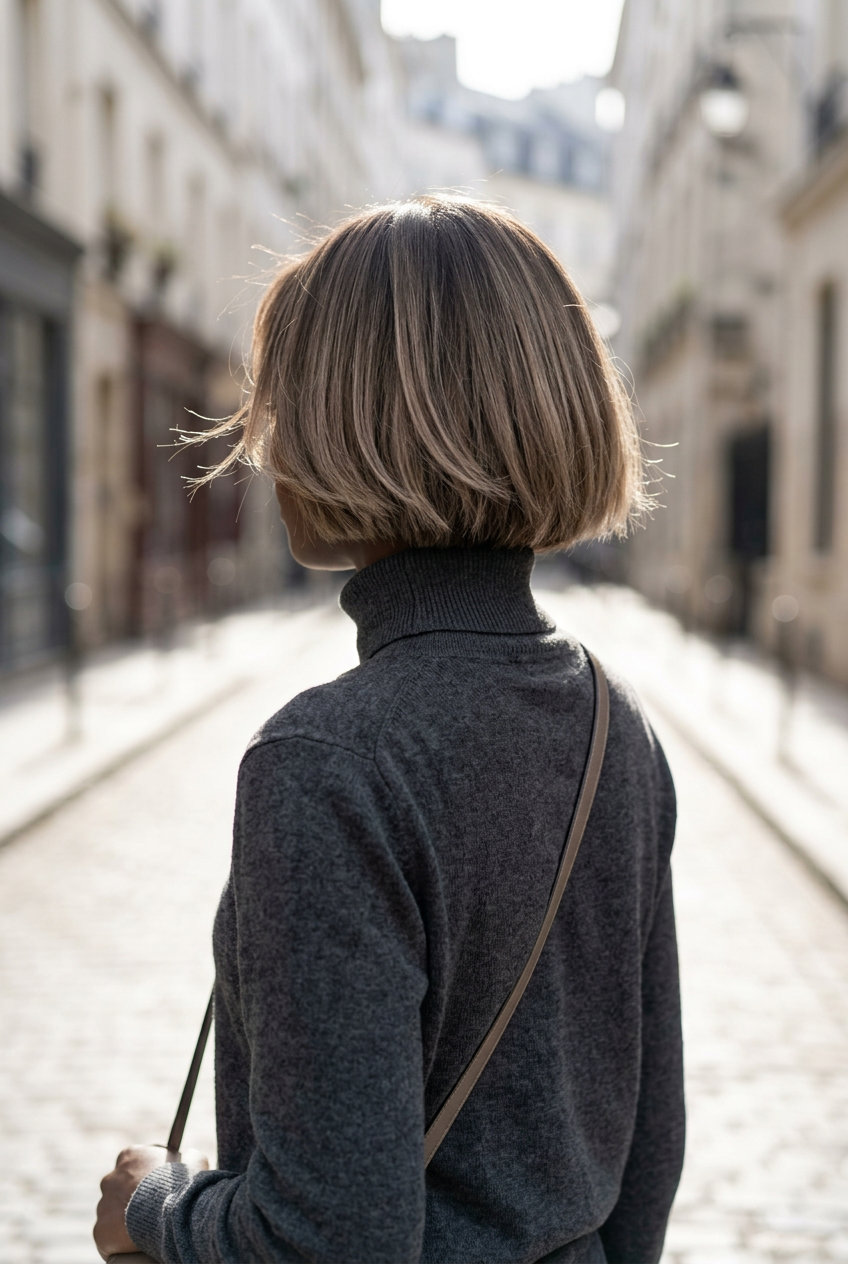 short french bob haircut with mushroom bronde balayage and razored ends for effortless style