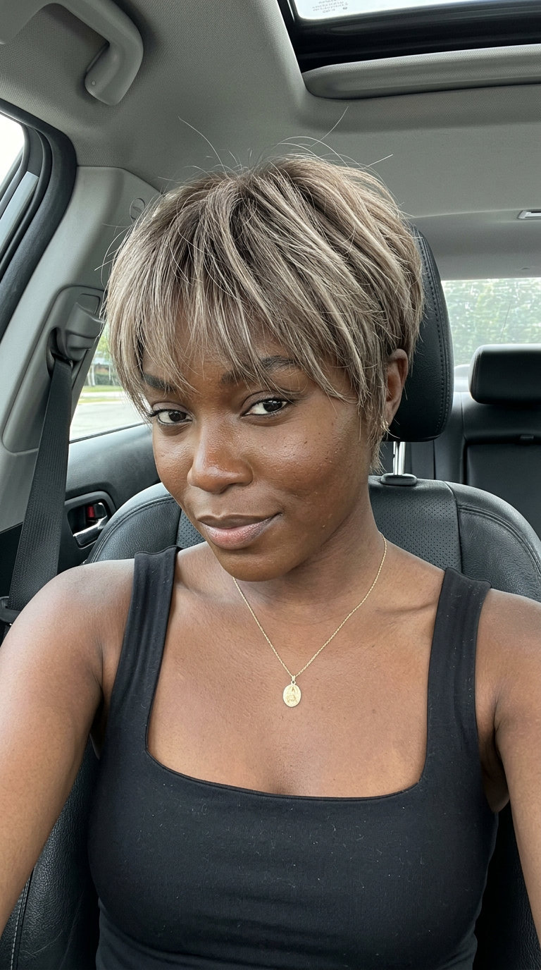 short pixie haircut with mushroom bronde, razored layers and wispy fringe for edgy sophistication