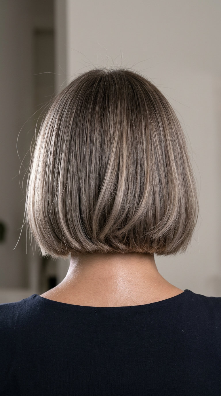 shoulder-length mushroom bronde bob with cool ash undertones and iced coffee ribbons for professional event