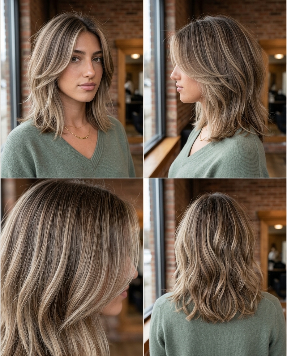 shoulder-length choppy shag haircut with mushroom bronde ombré and face-framing layers for work