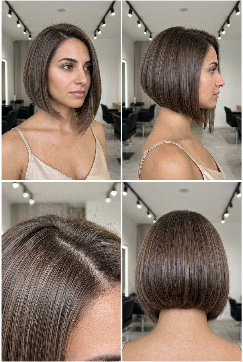 chin-length asymmetrical ash brown bob with mushroom tones, blunt perimeter, and deep side part for modern look