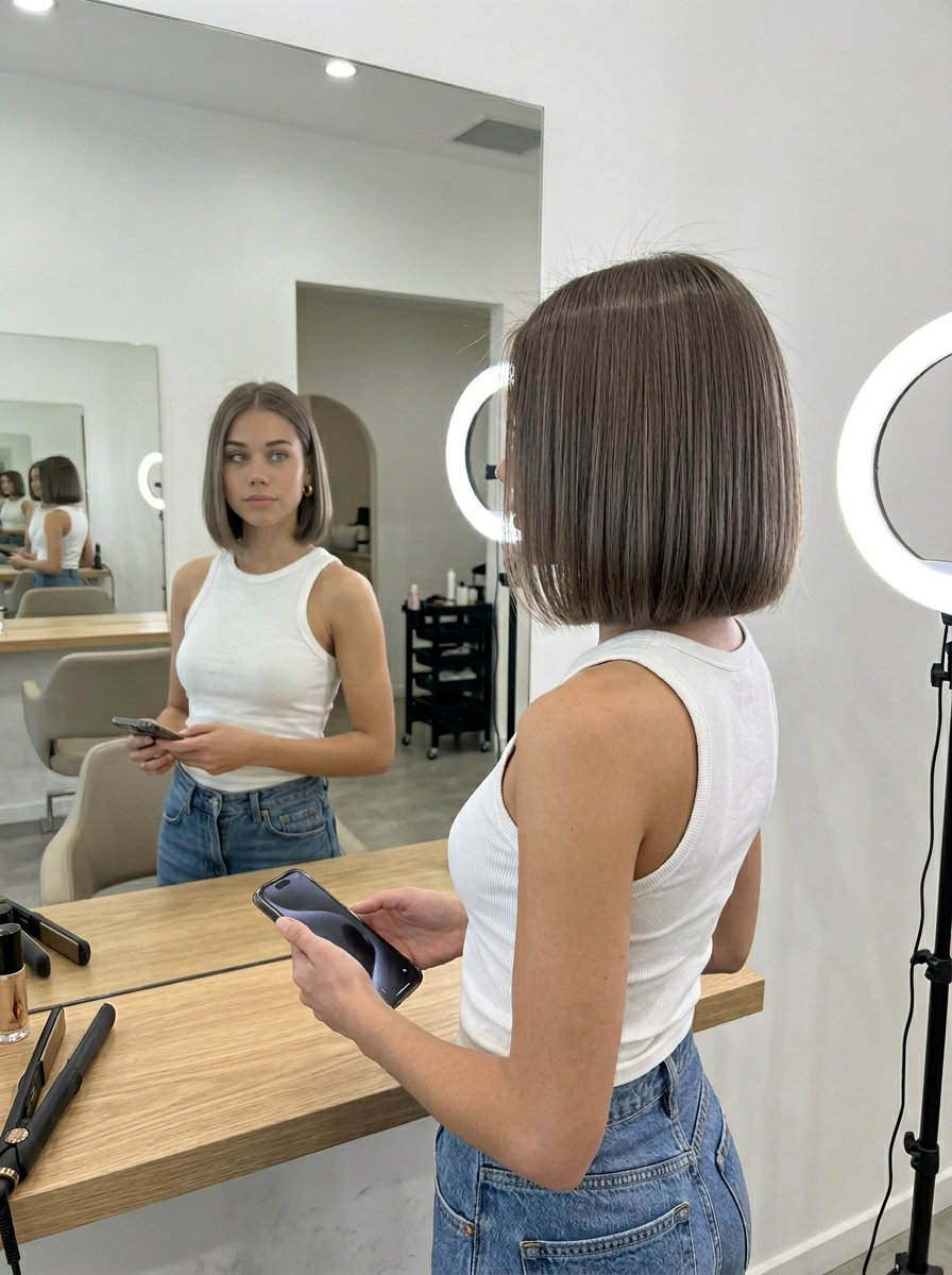 chin-length mushroom brown bob with blunt ends and ash taupe tones