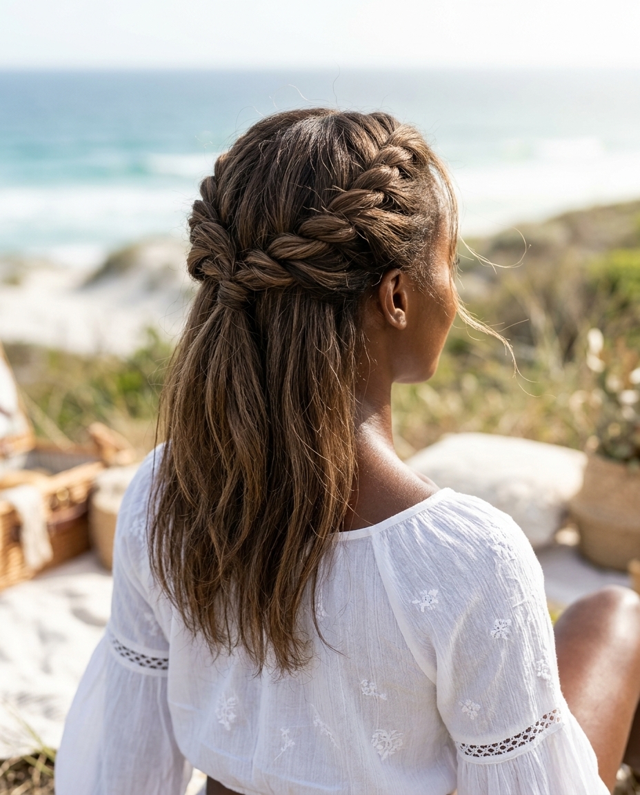 long mushroom brown balayage twisted half up half down with added clip-ins for boho-chic