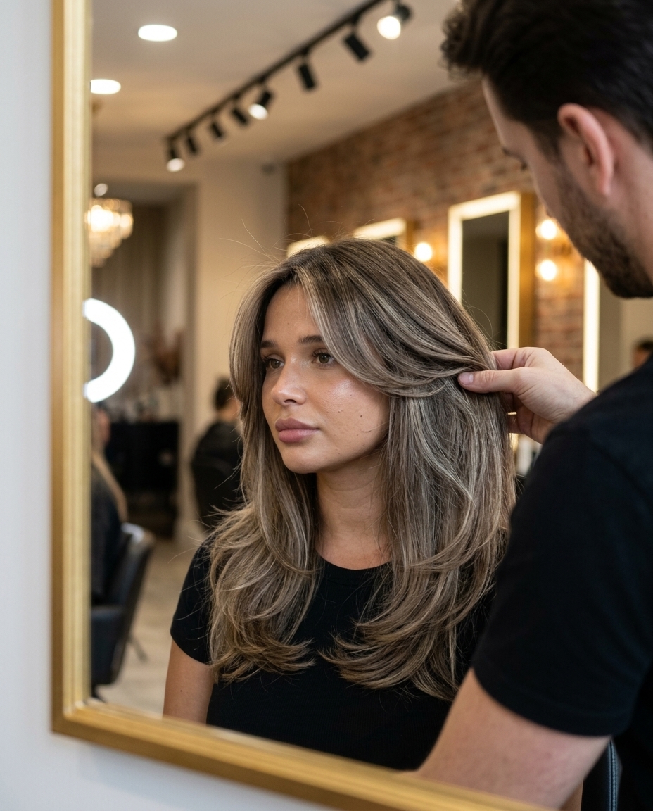 medium-long ash brown hair with face-framing ash-blonde babylights and sweeping layers for soft waves