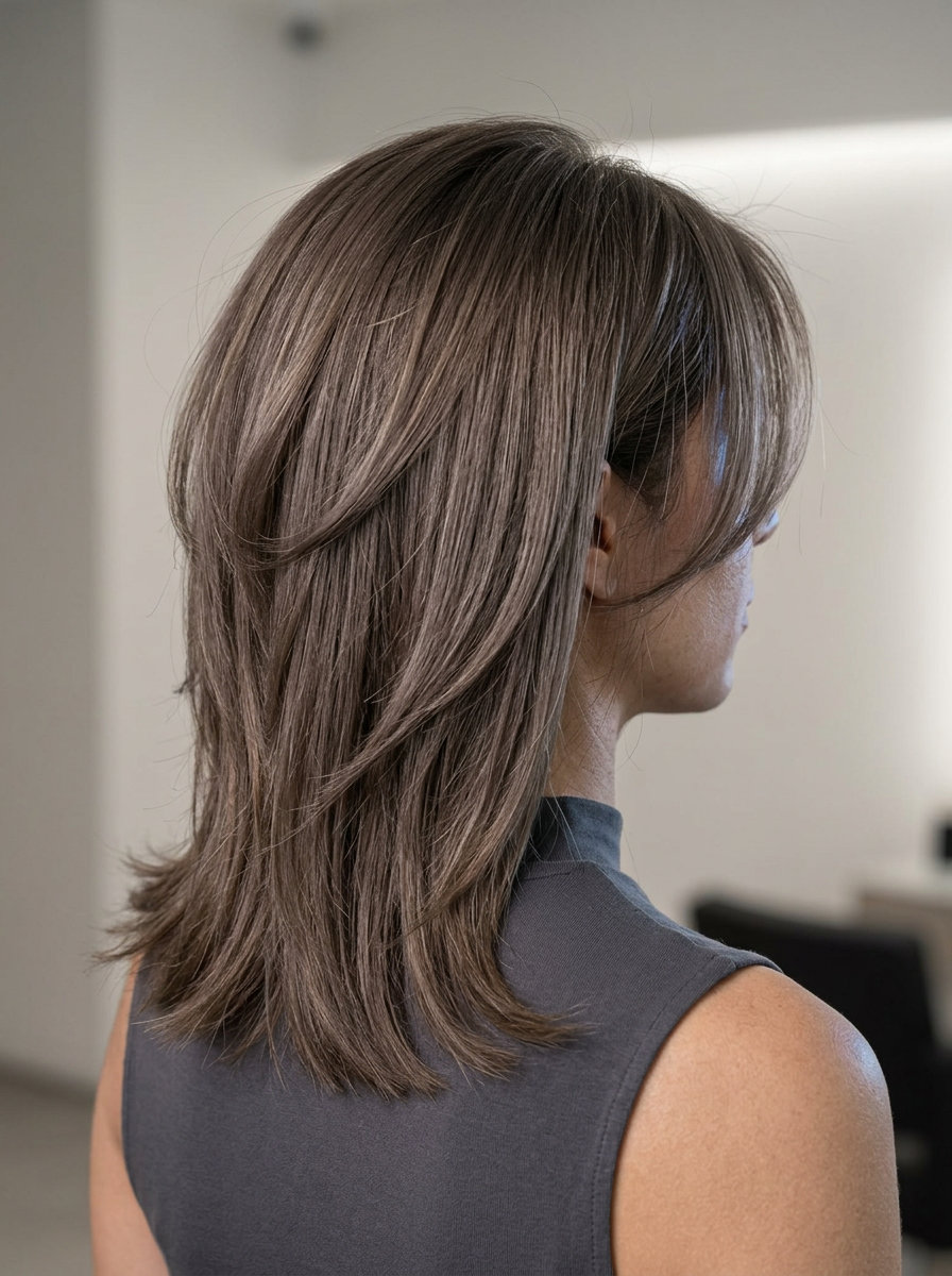 medium mushroom brown wolf cut with ash highlights and soft layers for work