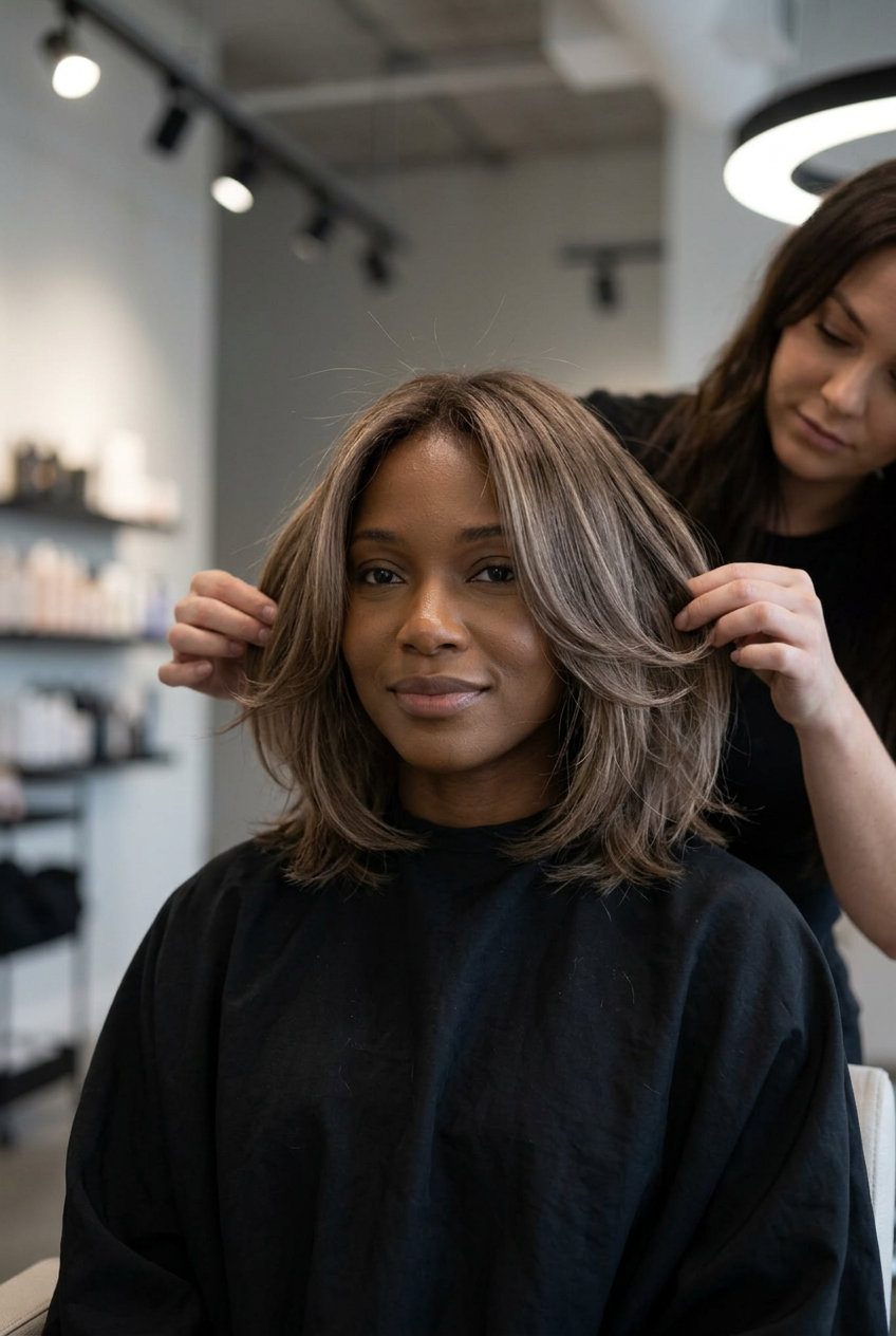 short mushroom brown butterfly haircut with cool beige undertones, point-cut ends, no bangs — playful brunch