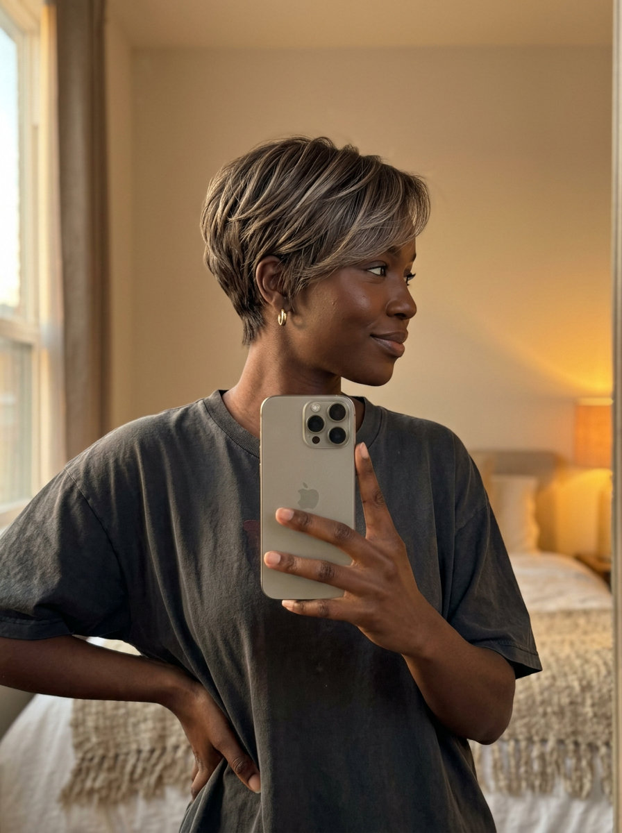 short crop haircut in soft mushroom brown with ash blonde babylights, point-cut layers, side-swept fringe — playful summer haircut for round face 2026