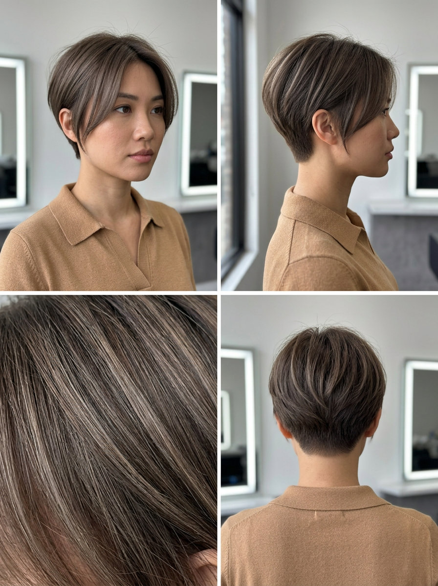 short mushroom brown pixie with ash lowlights and babylights, soft undercut, no bangs — edgy modern confident