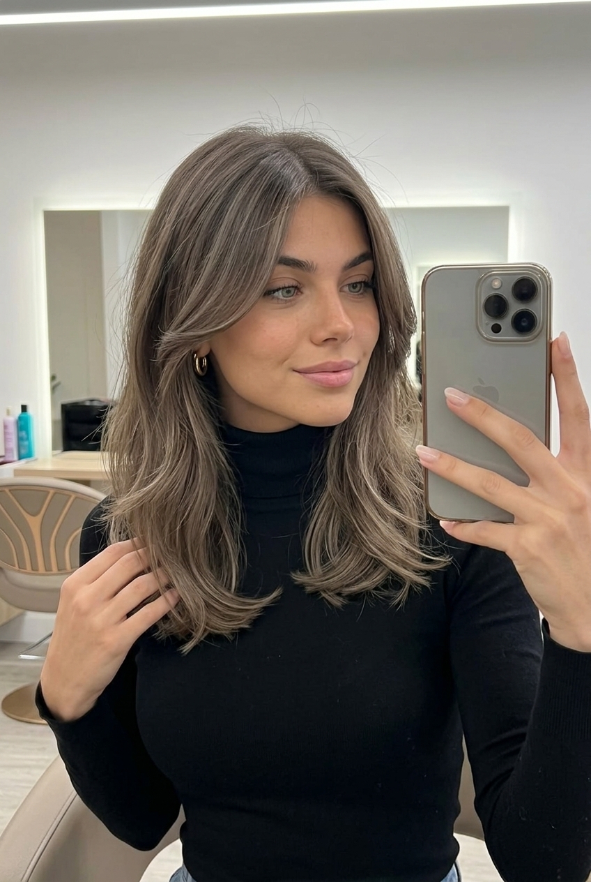 shoulder-length ash brown hair with mushroom tones, subtle layers, and U-cut back for playful waves