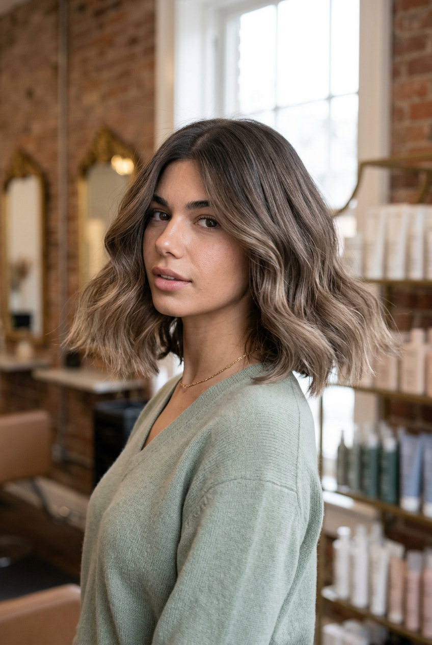shoulder-length mushroom brown sombré bob with smoky root and cool beige ends