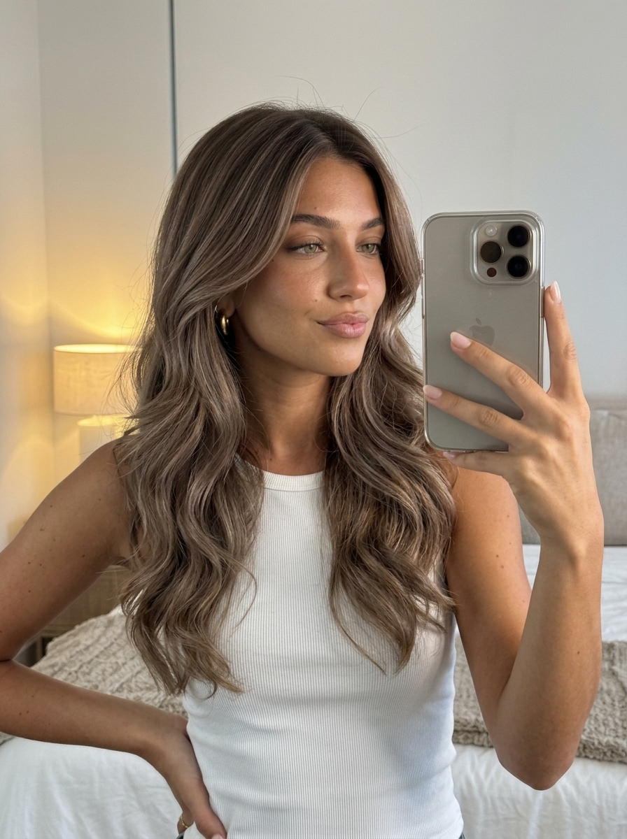 long flowing balayage with cool mushroom caramel, AirTouch technique, face-framing layers — romantic date night