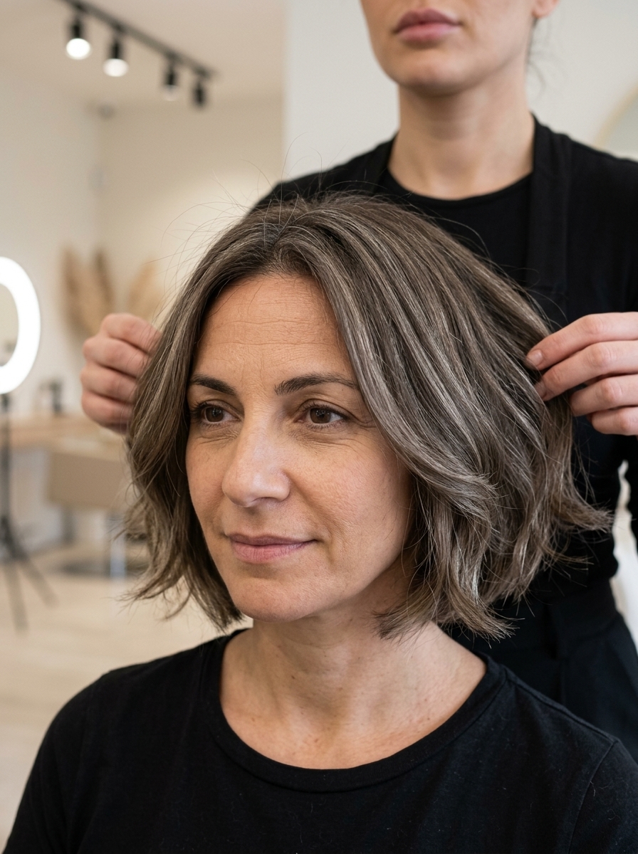 chin-length layered bob haircut in mushroom greige with gray blending, face frame, stacked back — effortless summer style