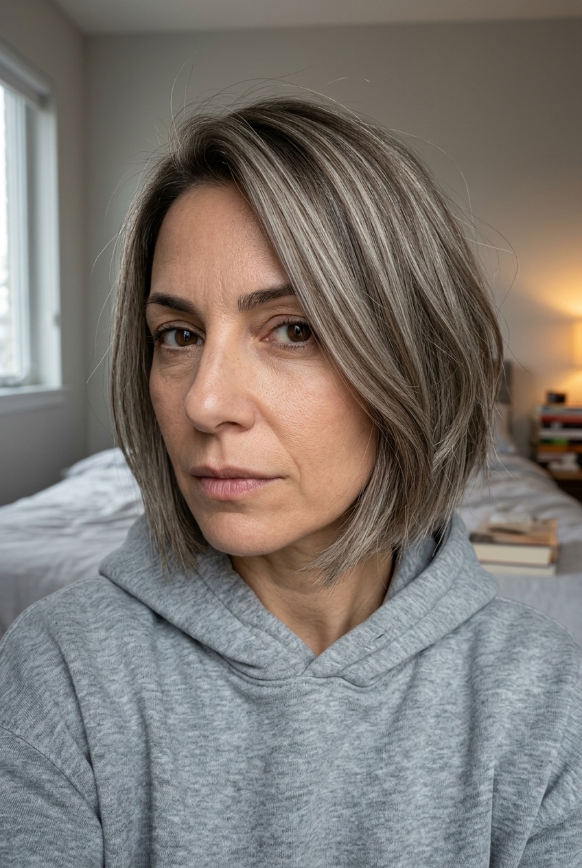 jaw-length asymmetrical bob mushroom greige with ash highlights, diffused perimeter — modern, playful