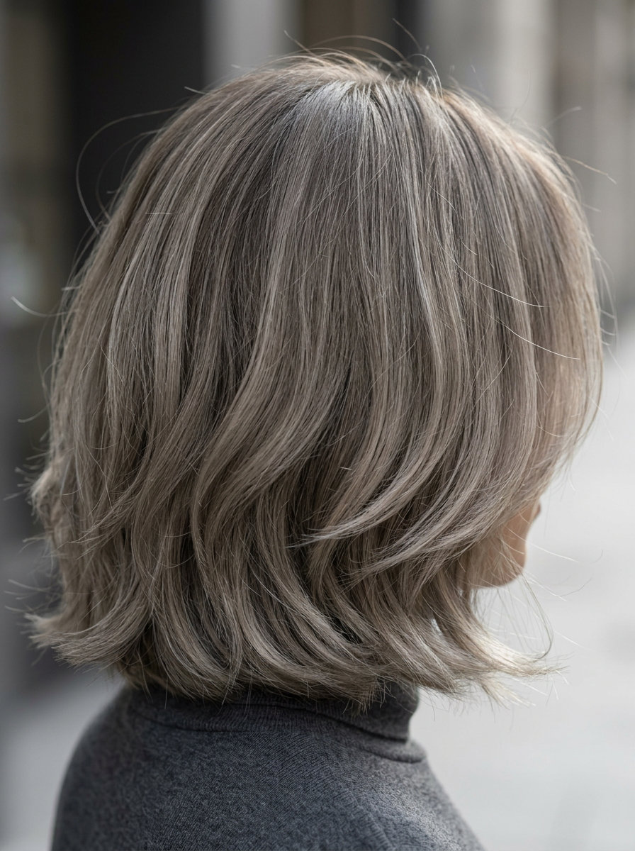 long mushroom greige hair color with ash brown roots, root smudge, minimalist sophisticated earthy