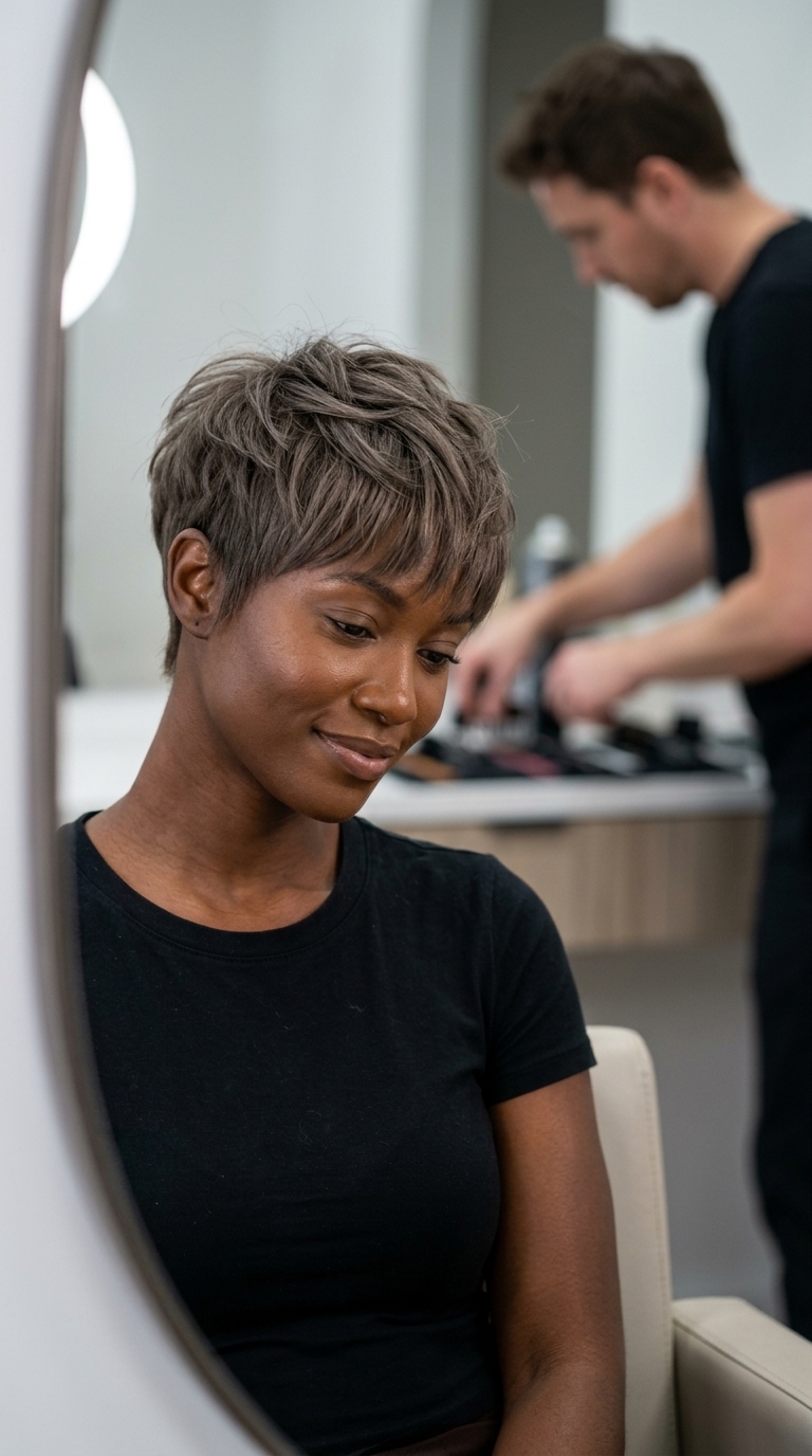 very short pixie haircut with mushroom grey-brown color, razor-cut texture and brow-grazing fringe for effortless style