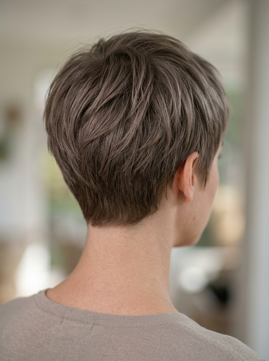 very short mushroom grey-brown pixie haircut with subtle taper and wispy fringe for earthy vibes