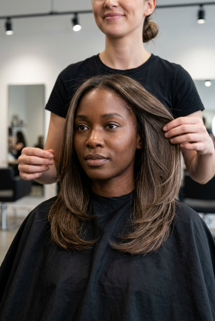 long soft layered mushroom brown color melt with cool tan, seamless brunette, butterfly cut — romantic, sophisticated, effortless chic