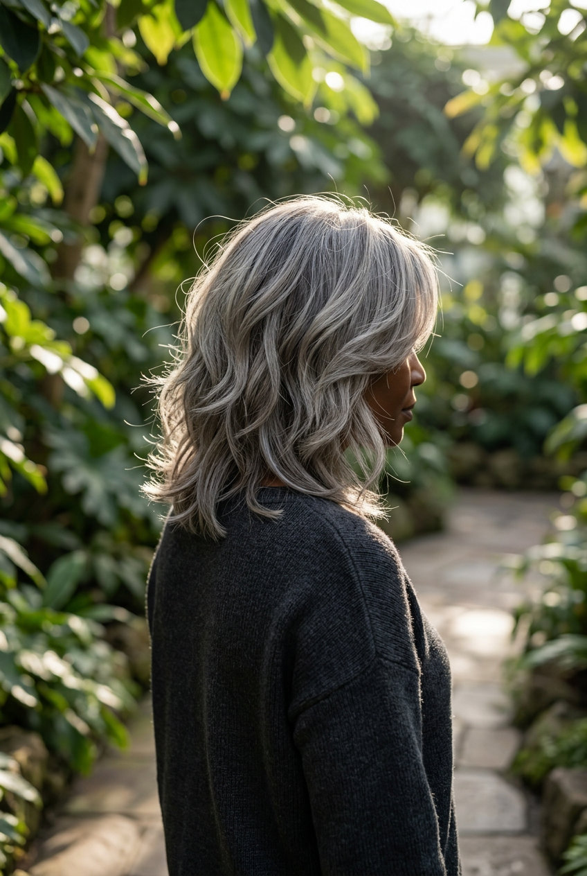 medium-length mushroom silver shag haircut with charcoal lowlights, wispy curtain bangs — playful textured