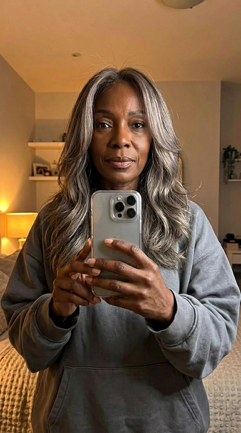 shoulder-length layered haircut with mushroom silver & charcoal lowlights, face-framing pieces for summer