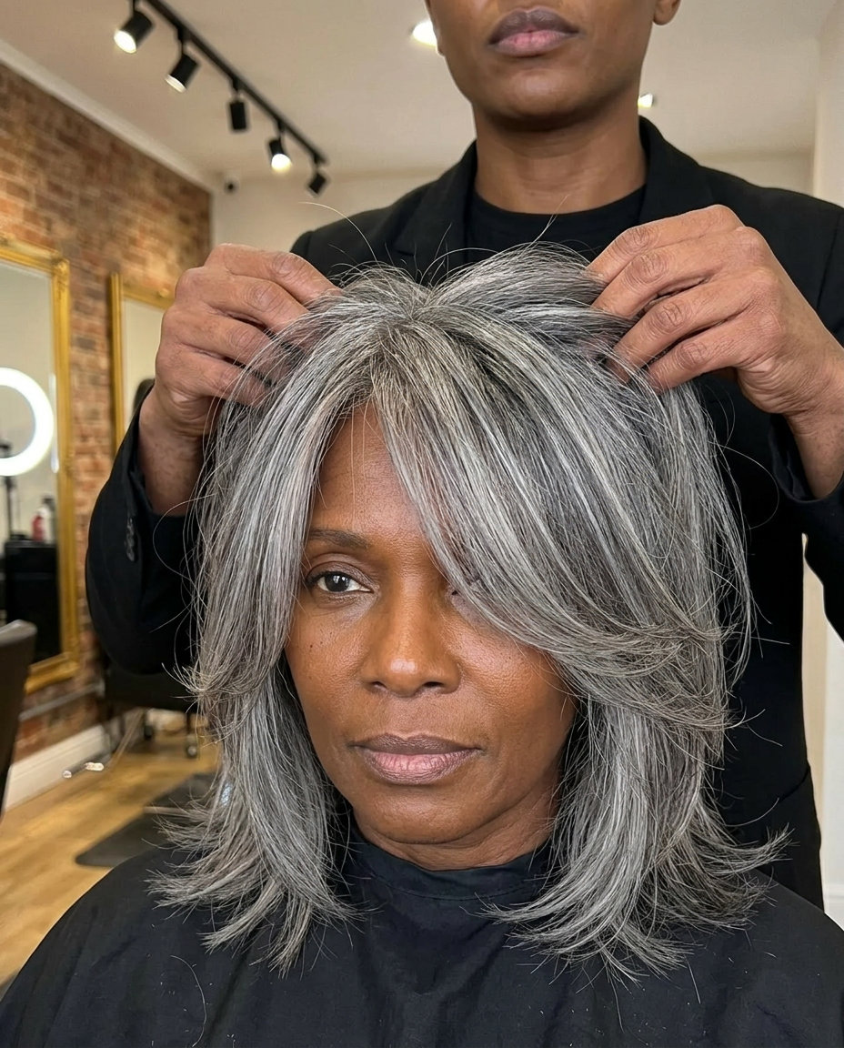 shoulder-length mushroom silver shag haircut with charcoal lowlights and choppy layers