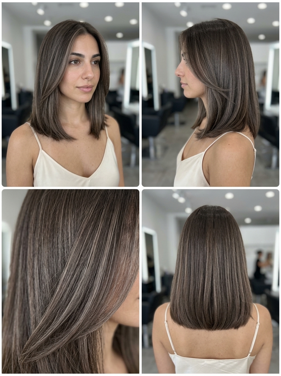 medium blunt haircut with mushroom taupe, ash highlights, and no fringe for elegance
