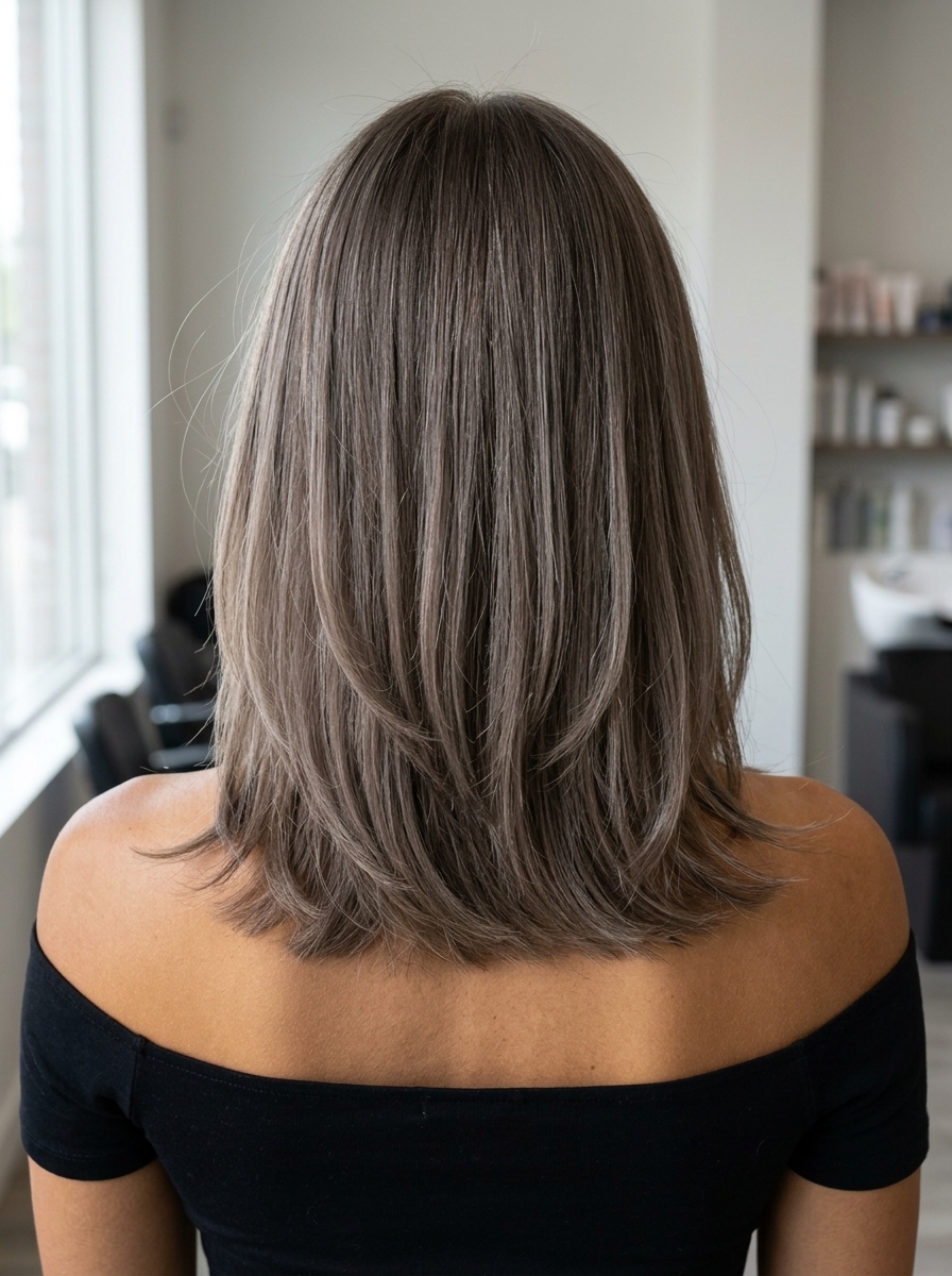 medium haircut in mushroom taupe brunette with internal thinning for thick hair