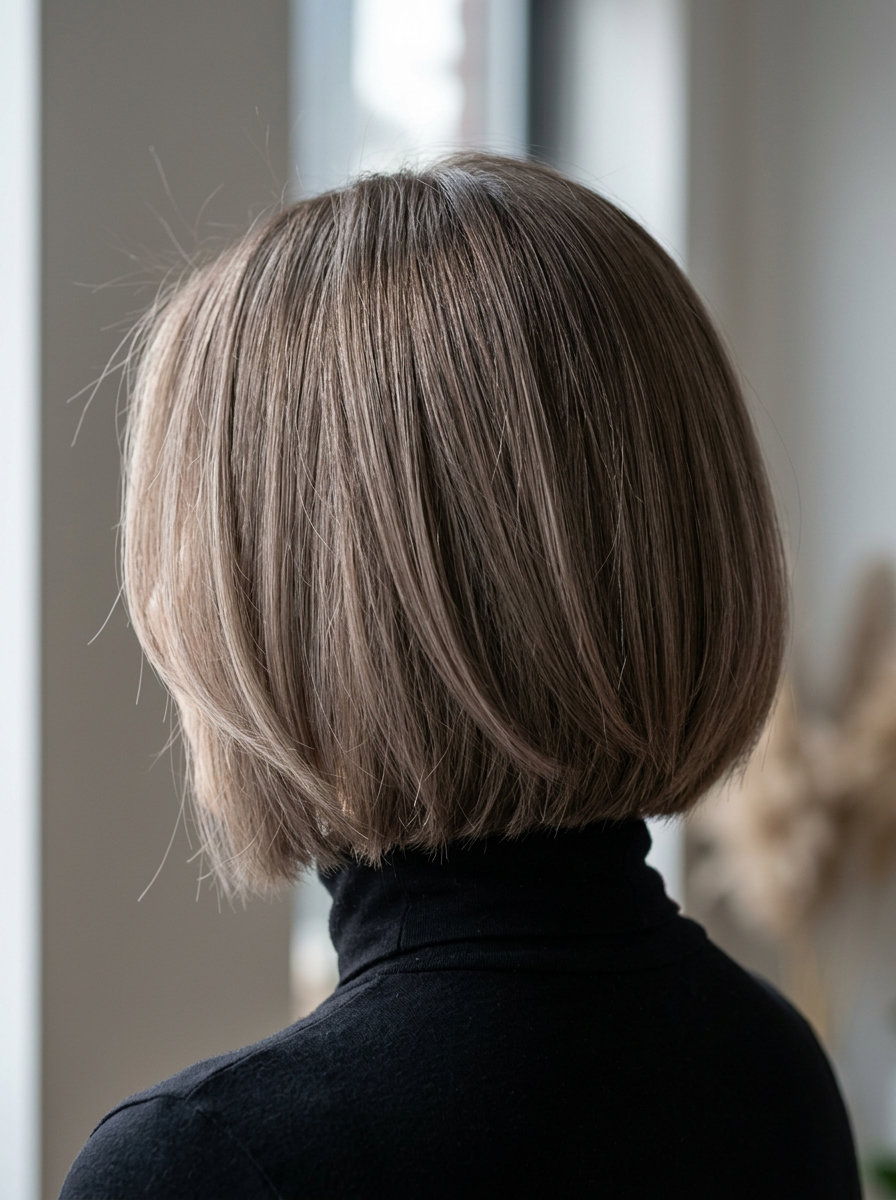 short blunt bob haircut in mushroom taupe with cool ash undertones and subtle babylights for minimalist look