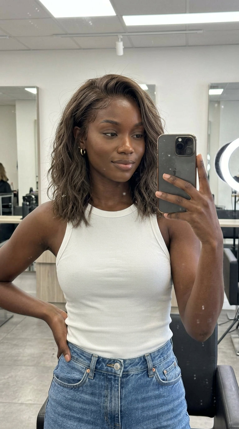 long mushroom wood brown hair color with subtle lowlights, textured layers, no fringe — bohemian natural vibe