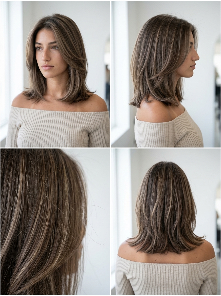 long mushroom wood brown hair color with scattered highlights, textured layers, no fringe — natural weekend vibe