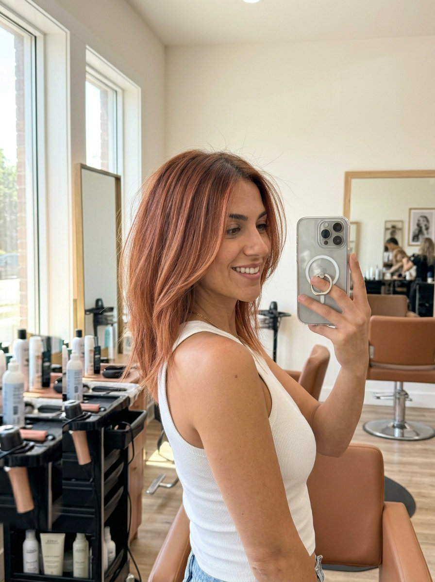 short asymmetrical cut in muted copper auburn with sandy brown roots — edgy effortless natural
